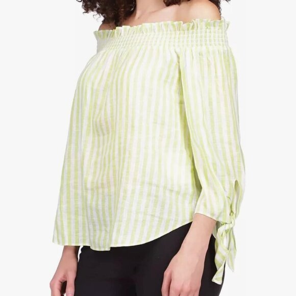 Michael Kors Long Sleeve Off The Shoulder Striped Blouse - Green White - size 2X - Picture 11 of 11